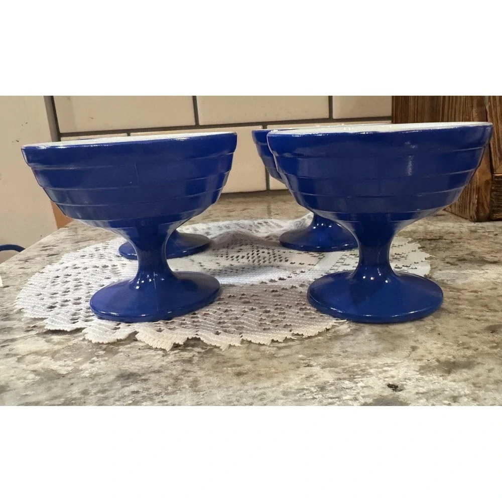 Vintage Cobalt Blue Milk Glass Footed Dessert Sherbet Bowls Set of 4 MCM Retro